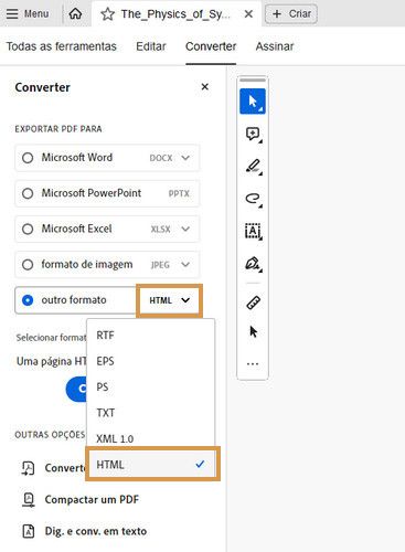 A barra de ferramentas “Exportar PDF para” é exibida e os outros formatos são destacados.