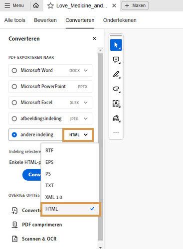 Verktøylinjen Eksporter PDF til vises, og et annet format utheves.