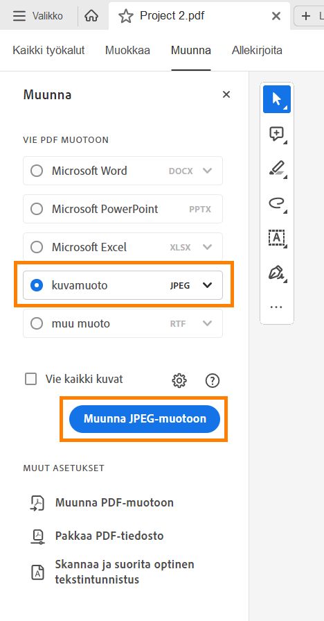 Vie PDF-tiedosto JPG- tai JPEG-tiedostomuotoon.