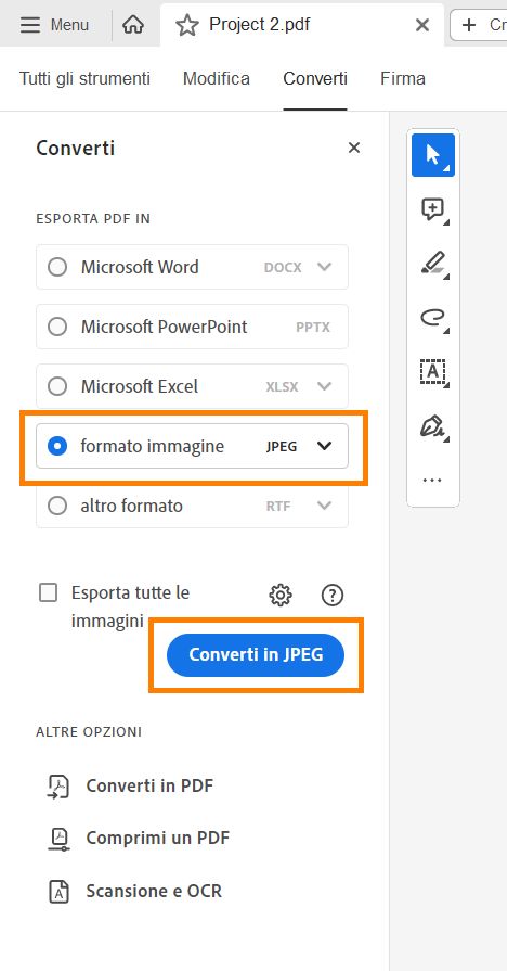 Esportare un PDF in un file formato JPG o JPEG.