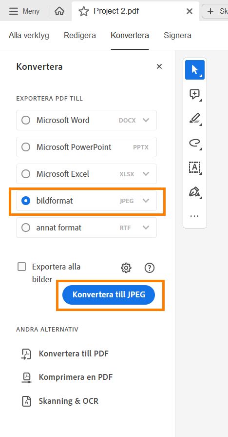 Exportera en PDF-fil i JPG eller JPEG filformatet.