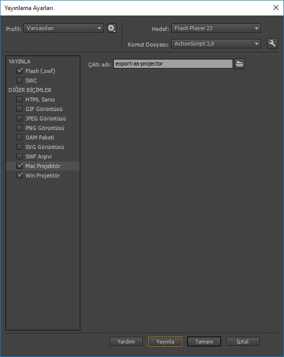 Yayınlama Ayarları iletişim kutusu