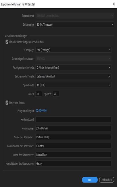 Exporteinstellungen für Beschriftungen
