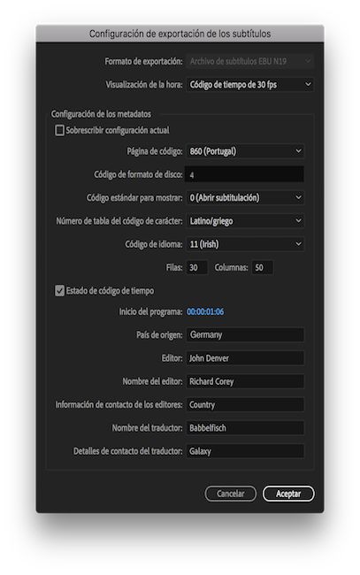 Configuración de exportación de los subtítulos
