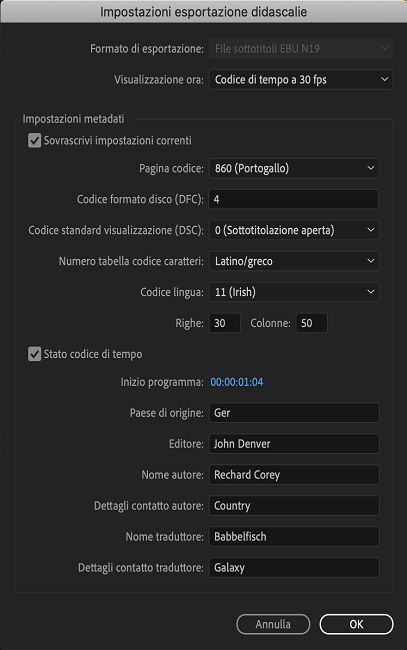 Impostazioni esportazione sottotitoli