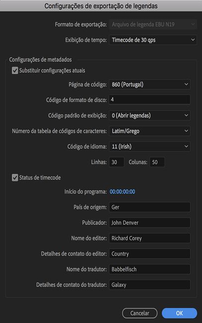 Configurações de exportação de legendas