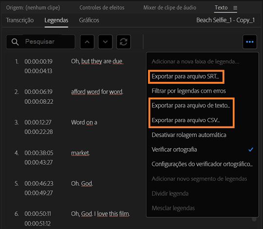 Opções de exportação de legendas
