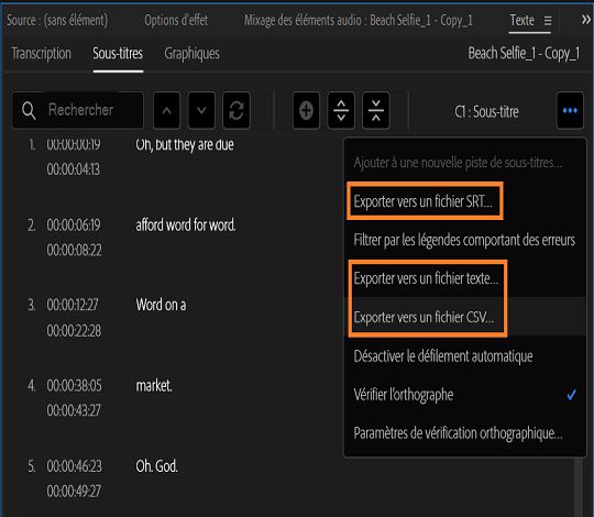 Options d’exportation pour les sous-titres