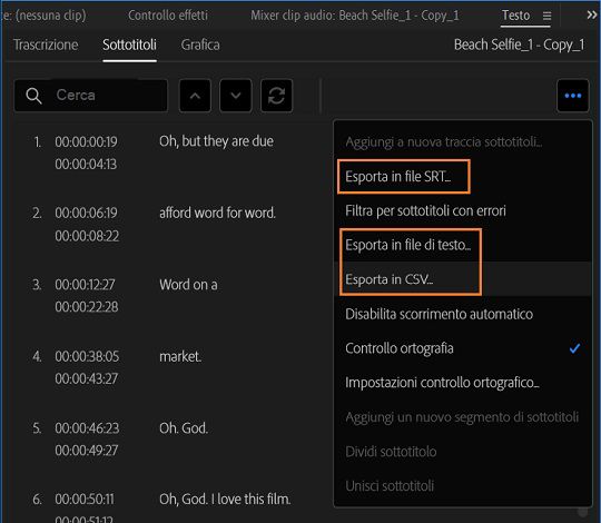 Impostazioni di esportazione per sottotitoli