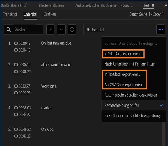 Exporteinstellungen für Untertitel