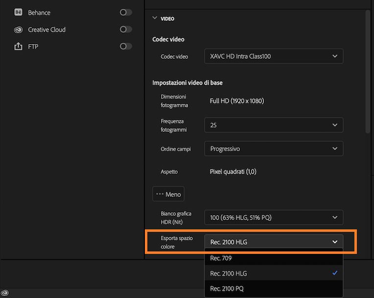 Opzione per esportare XAVC su Rec. 2100 PQ HDR