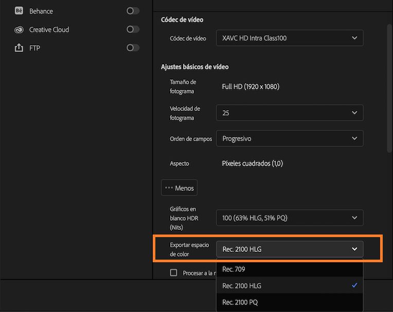 Opción para exportar XAVC en Rec. 2100 PQ HDR