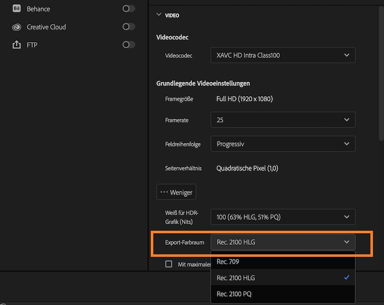 Option zum Exportieren von XAVC in Rec. 2100 PQ HDR
