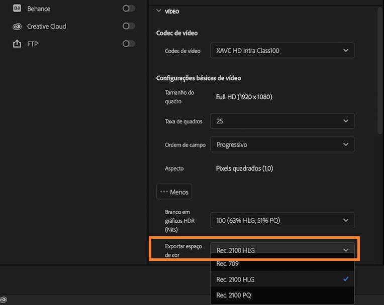 Opção para exportar XAVC em Rec. HDR DE 2100 PQ