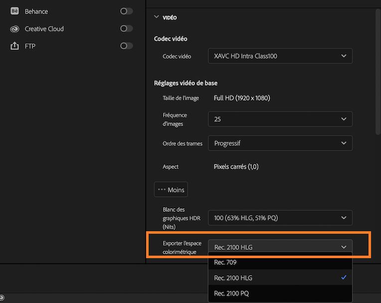 Possibilité d’exporter XAVC dans Rec. HDR 2100 PQ