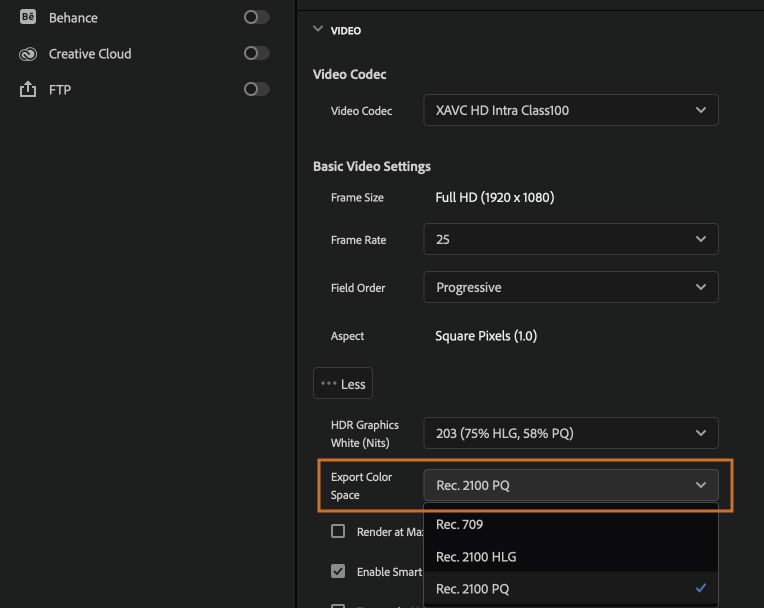 Option to export XAVC in Rec. 2100 PQ HDR