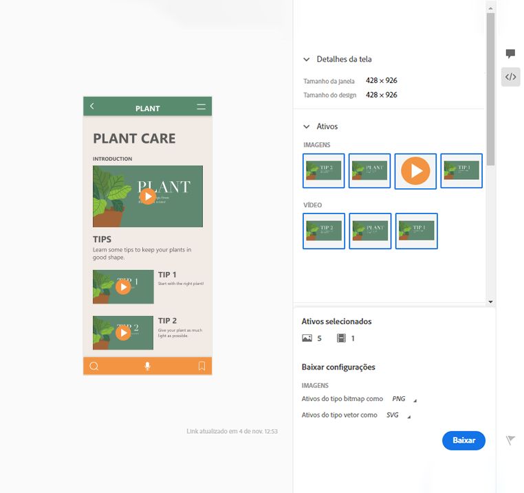 Exibição de detalhes da tela