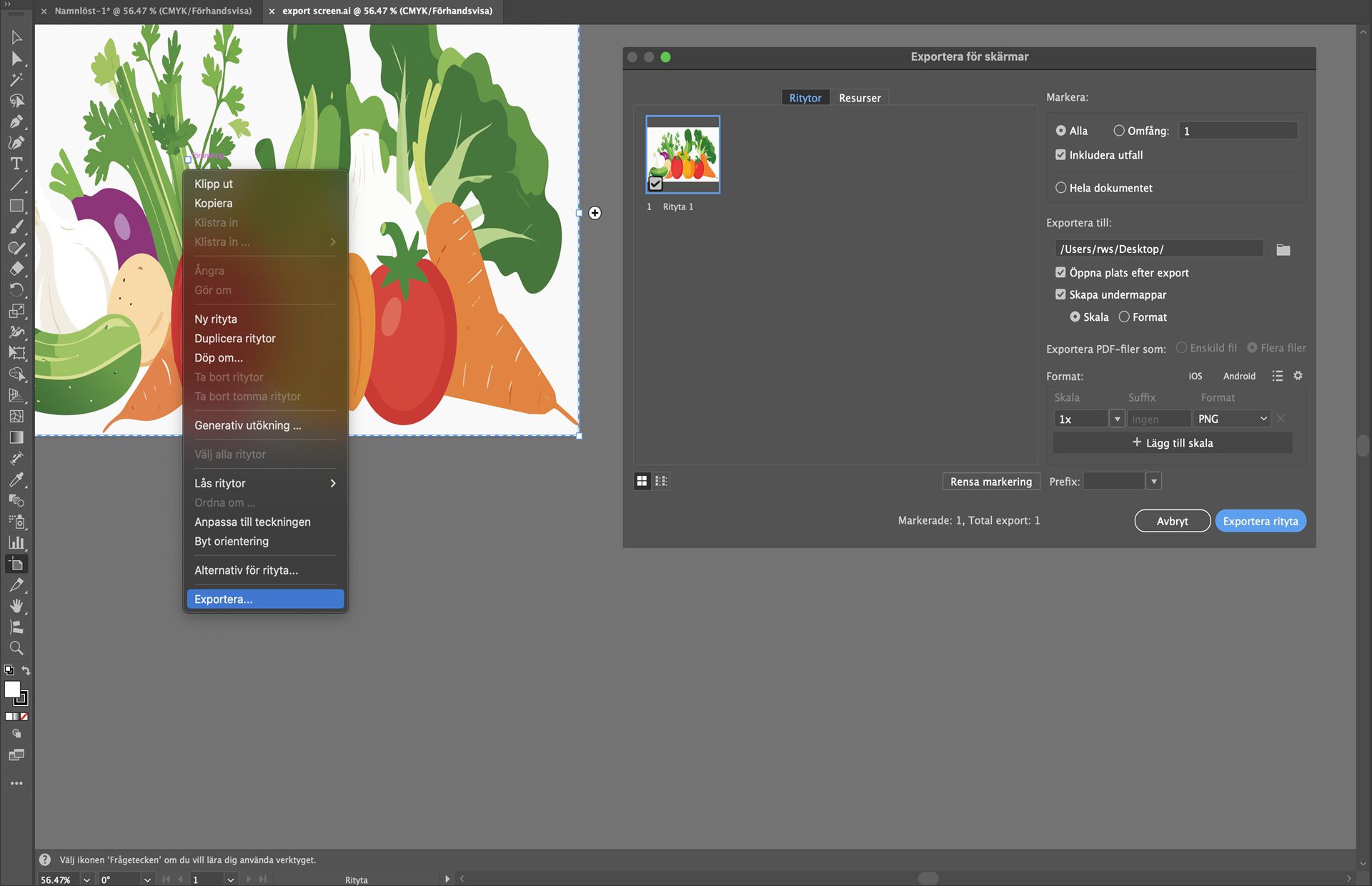 Illustrator visar dialogrutan Exportera för skärm med vald rityta med grönsaker redo att exporteras som PNG.