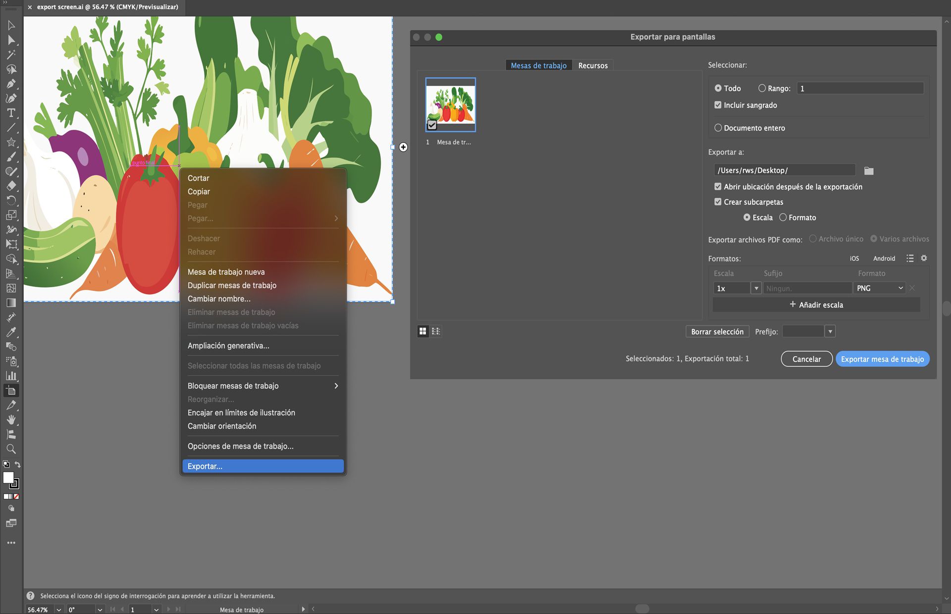 Illustrator que muestra el cuadro de diálogo de exportación para pantallas con una mesa de trabajo de verduras seleccionada lista para exportar como PNG.