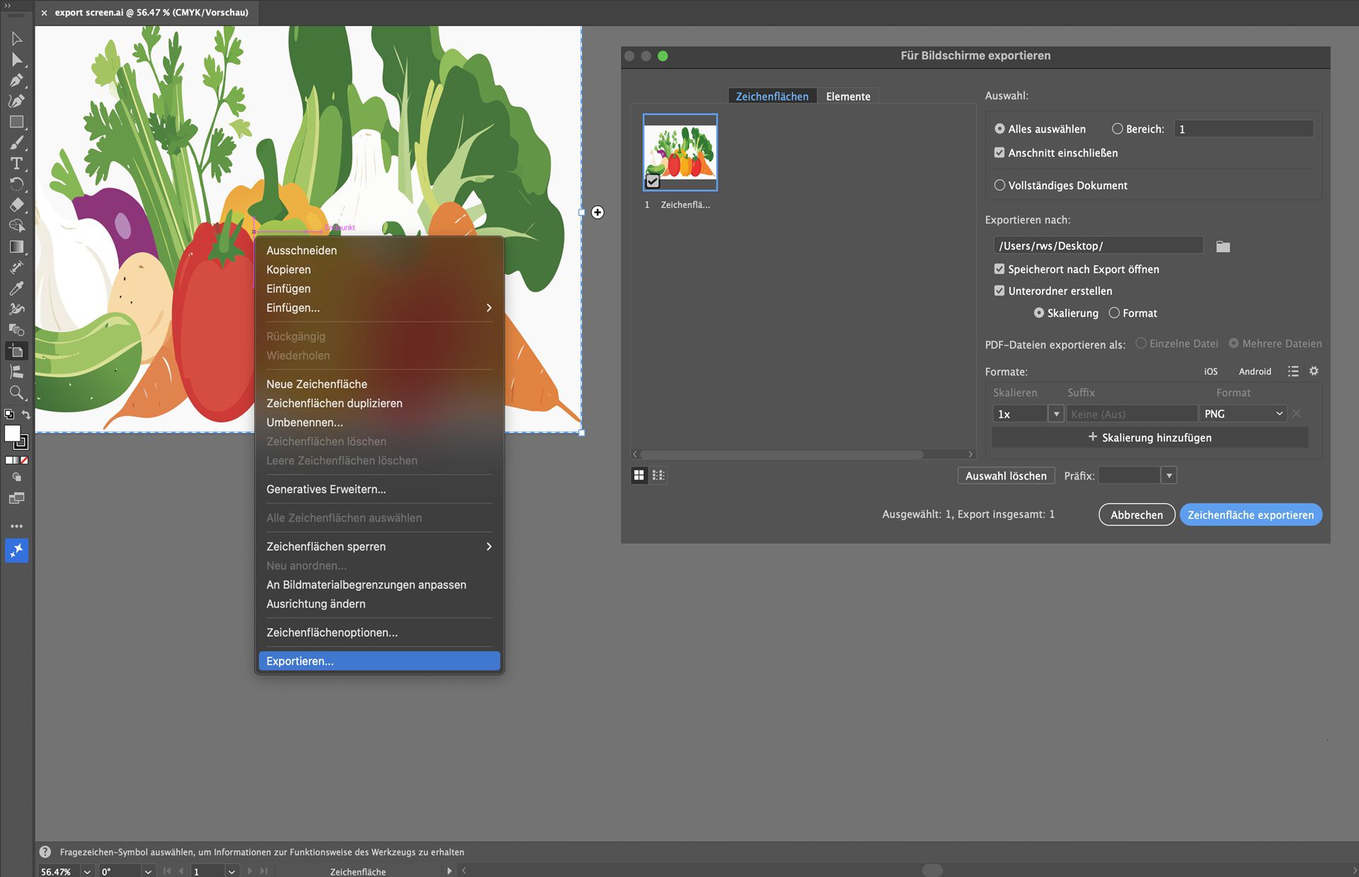 Illustrator zeigt das Dialogfeld „Für Bildschirme exportieren“ mit der ausgewählten Zeichenfläche mit Gemüse, bereit für den Export als PNG.