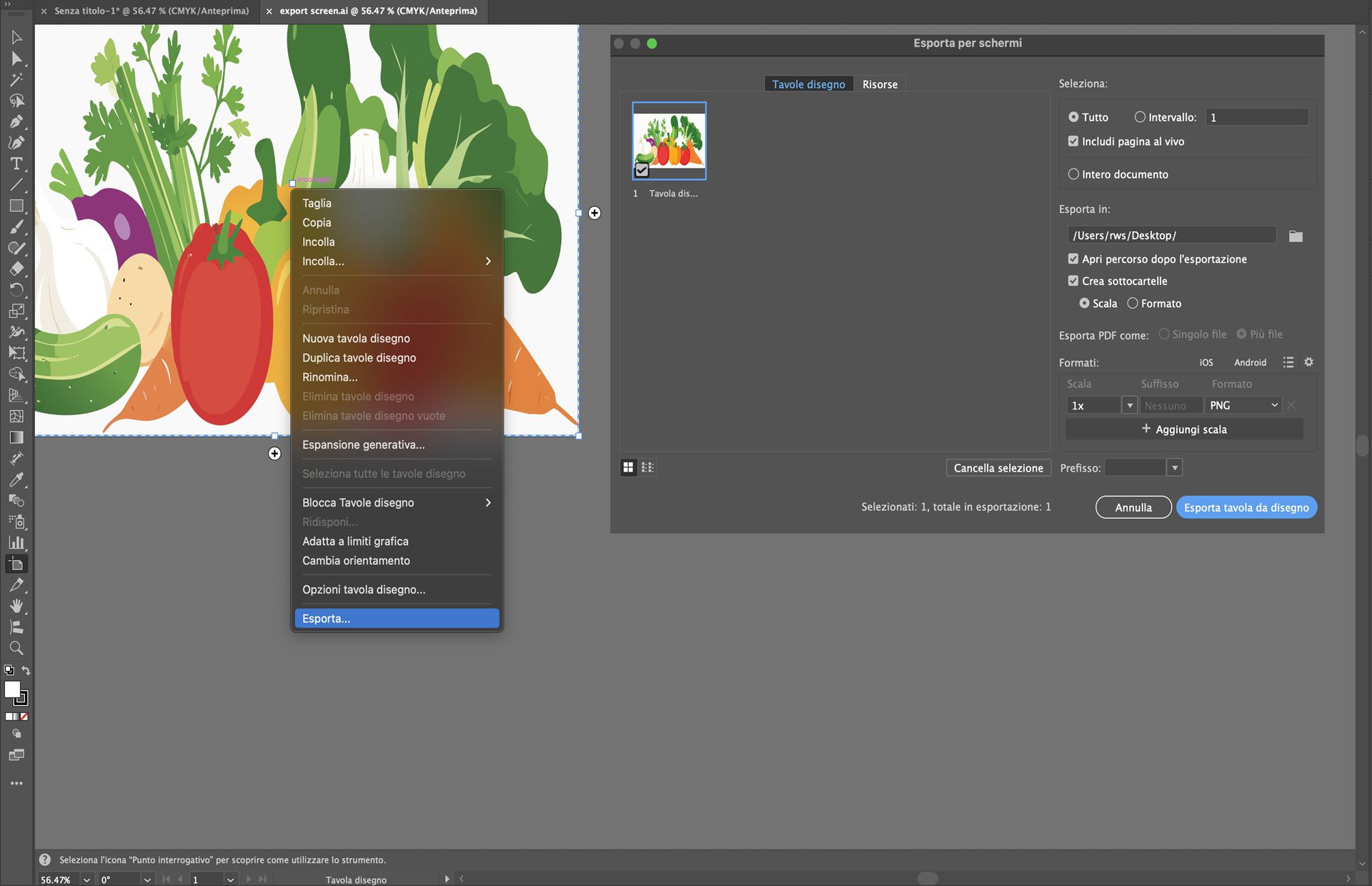 Illustrator mostra la finestra di dialogo Esporta per schermi, con una tavola disegno selezionata di verdure pronta per l'esportazione come PNG.
