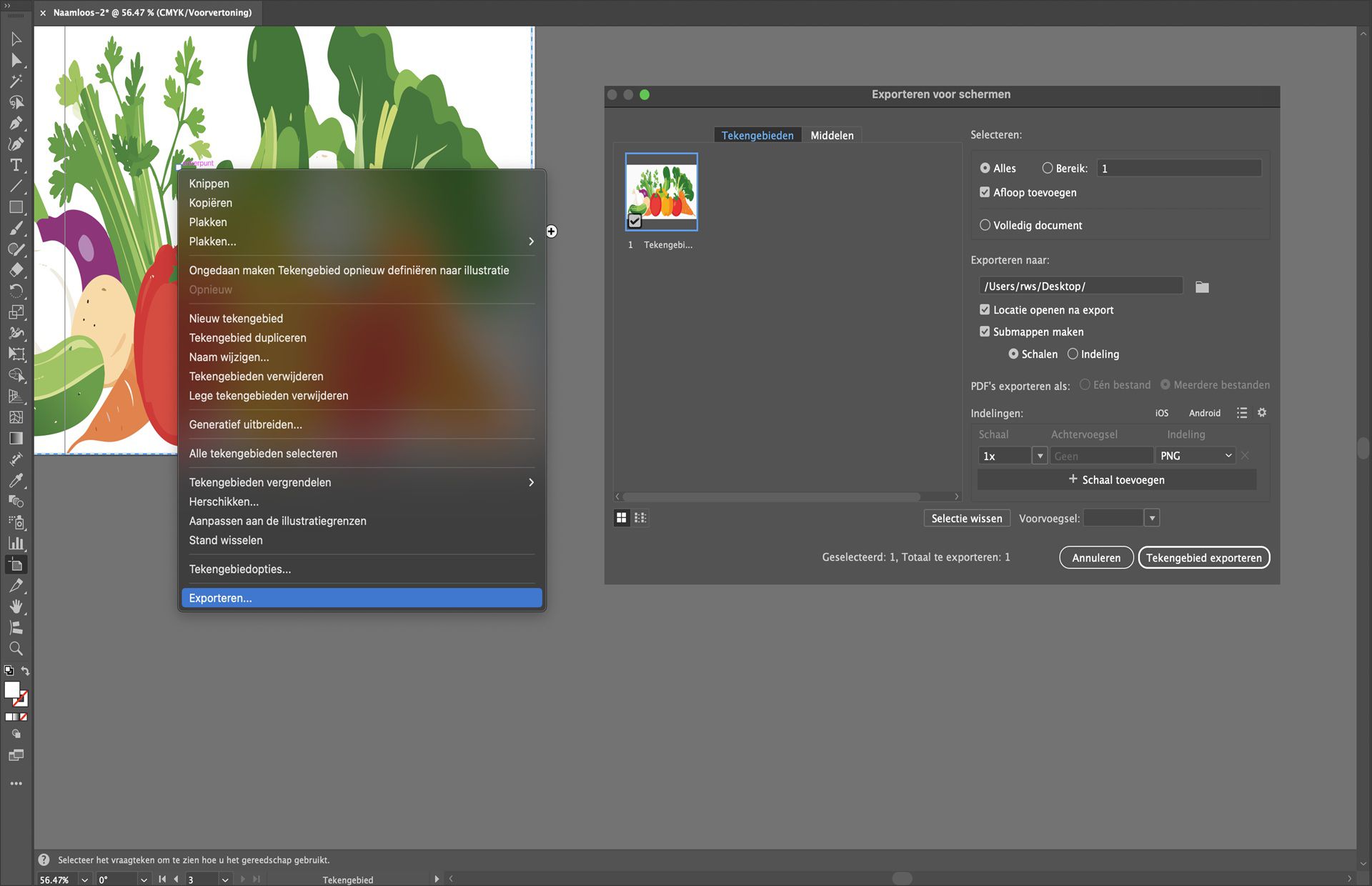 Illustrator toont het dialoogvenster Exporteren voor schermen met een geselecteerd tekengebied van groenten, klaar om als PNG te exporteren.