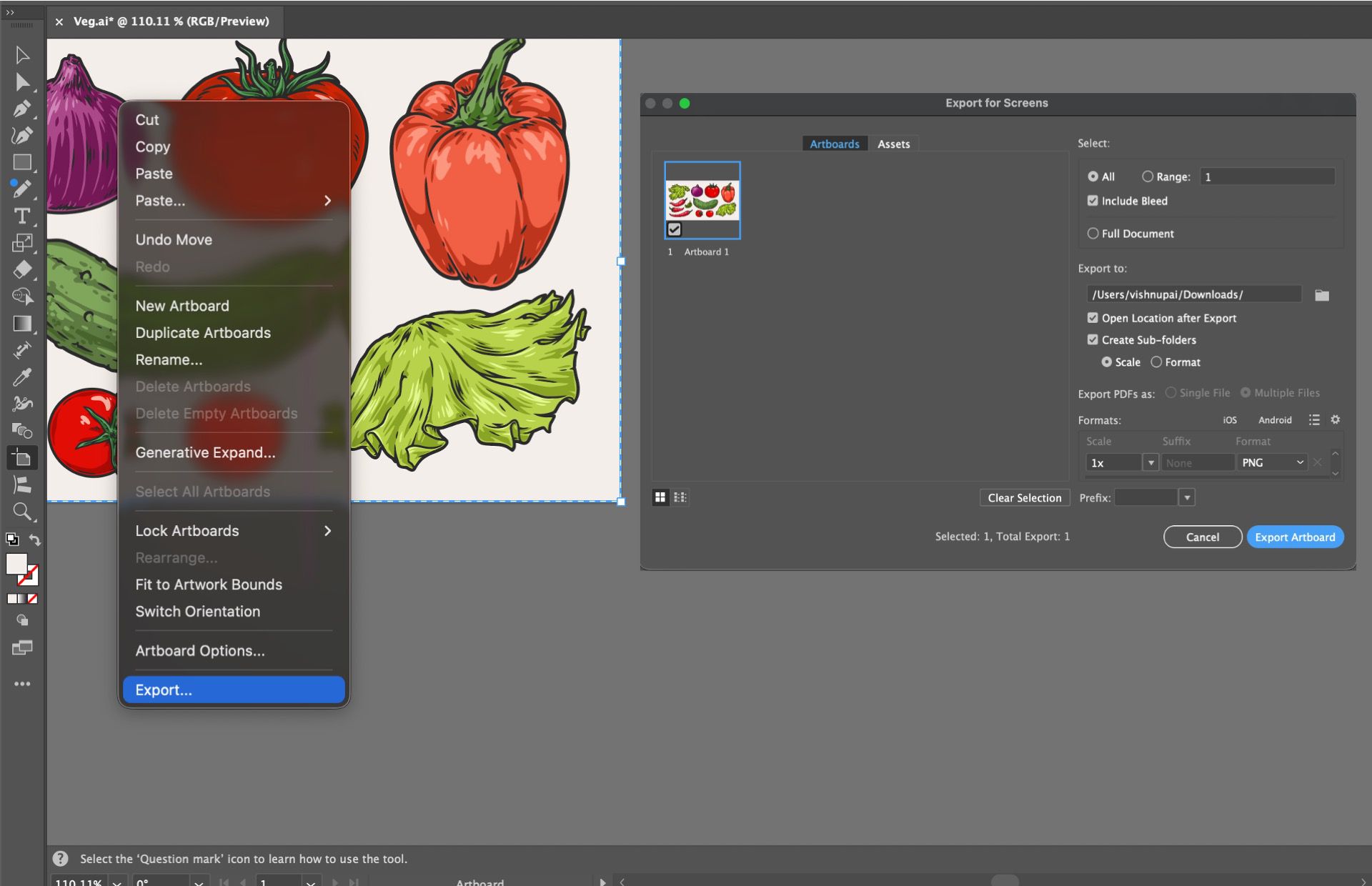 Illustrator מציג את תיבת הדו-שיח Export for Screens עם לוח יצירה נבחר של ירקות כשהוא מוכן לייצוא כ-PNG.