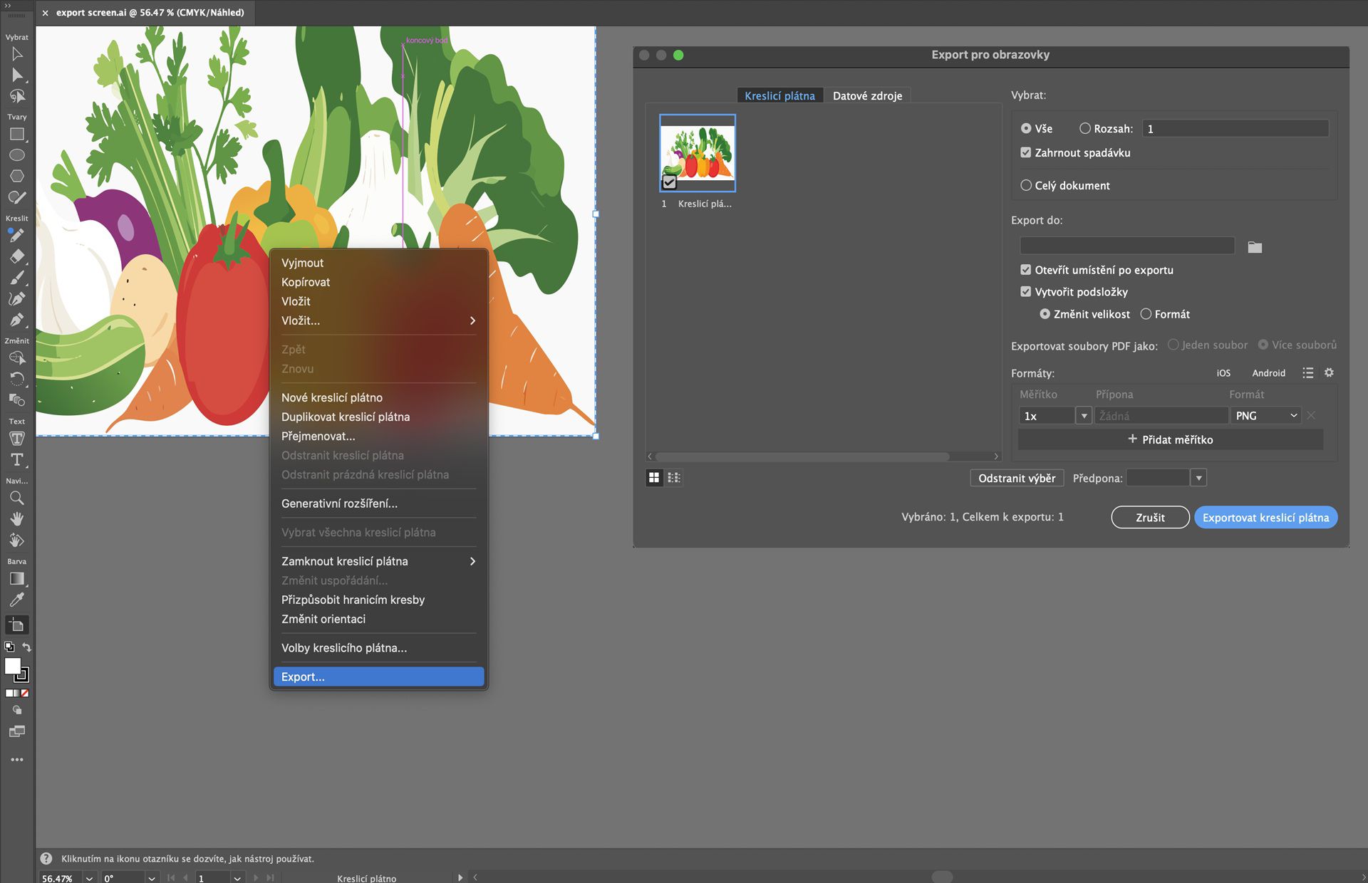 Illustrator zobrazující dialogové okno Export pro obrazovky s vybraným kreslicím plátnem se zeleninou připraveným k exportu jako PNG.