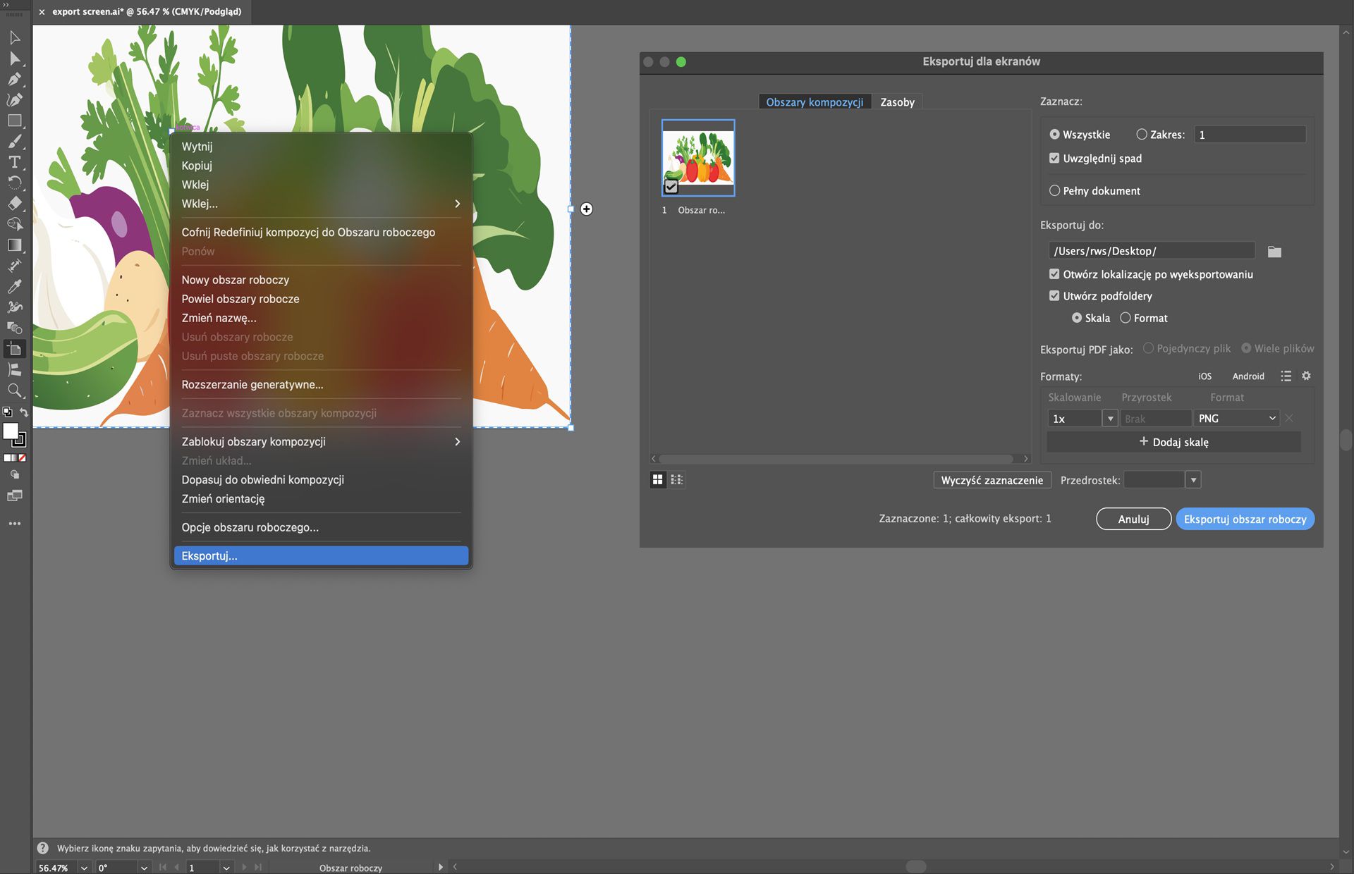 Program Illustrator wyświetla okno dialogowe eksportu do wyświetlania na ekranach z wybranym obszarem kompozycji przedstawiającym warzywa, który jest gotowy do eksportu w formacie PNG.
