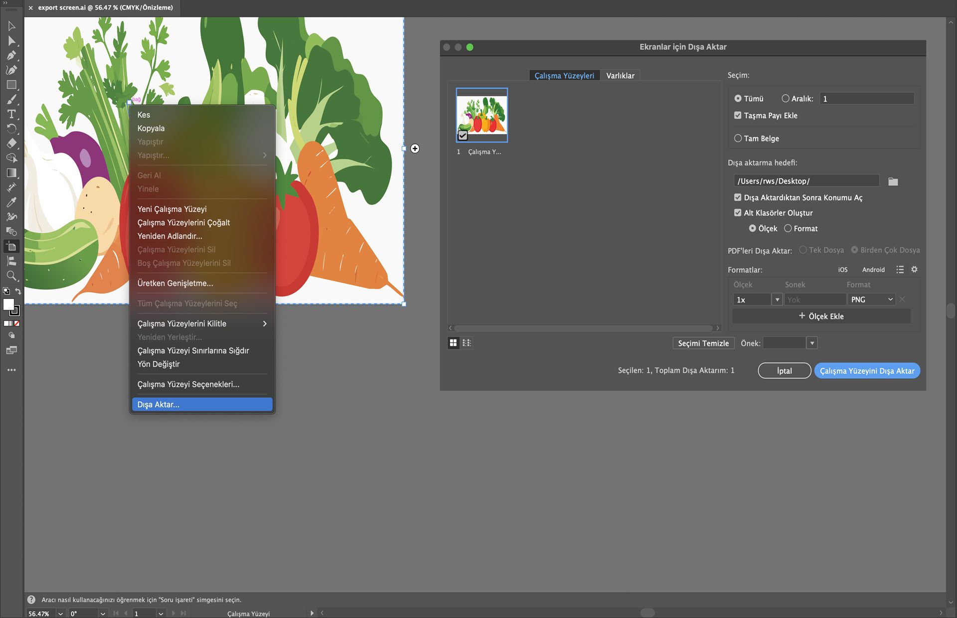 PNG olarak dışa aktarılmaya hazır sebzelerin seçili çalışma yüzeyiyle ekranlar için dışa aktarma iletişim kutusunu gösteren Illustrator.