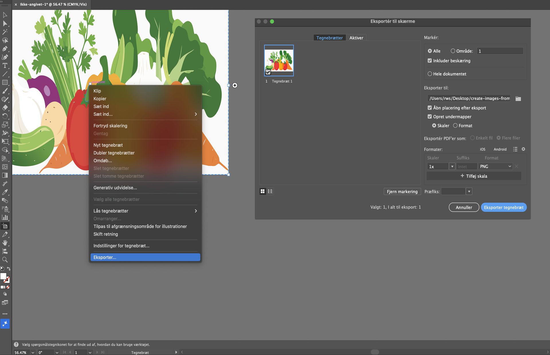Illustrator viser dialogboksen Eksportér til skærme med valgt tegnebræt med grøntsager klar til eksport som PNG.