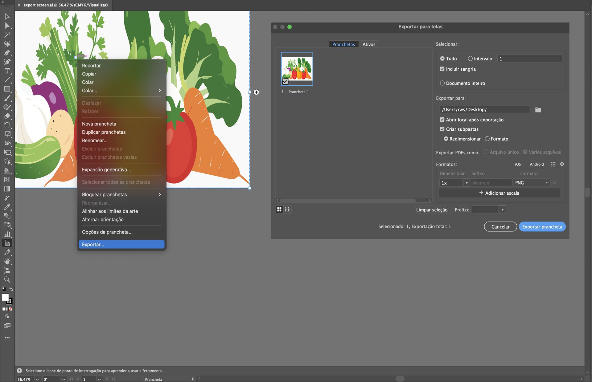 O Illustrator exibe a caixa de diálogo Exportar para telas com a prancheta selecionada pronta para exportação como PNG.