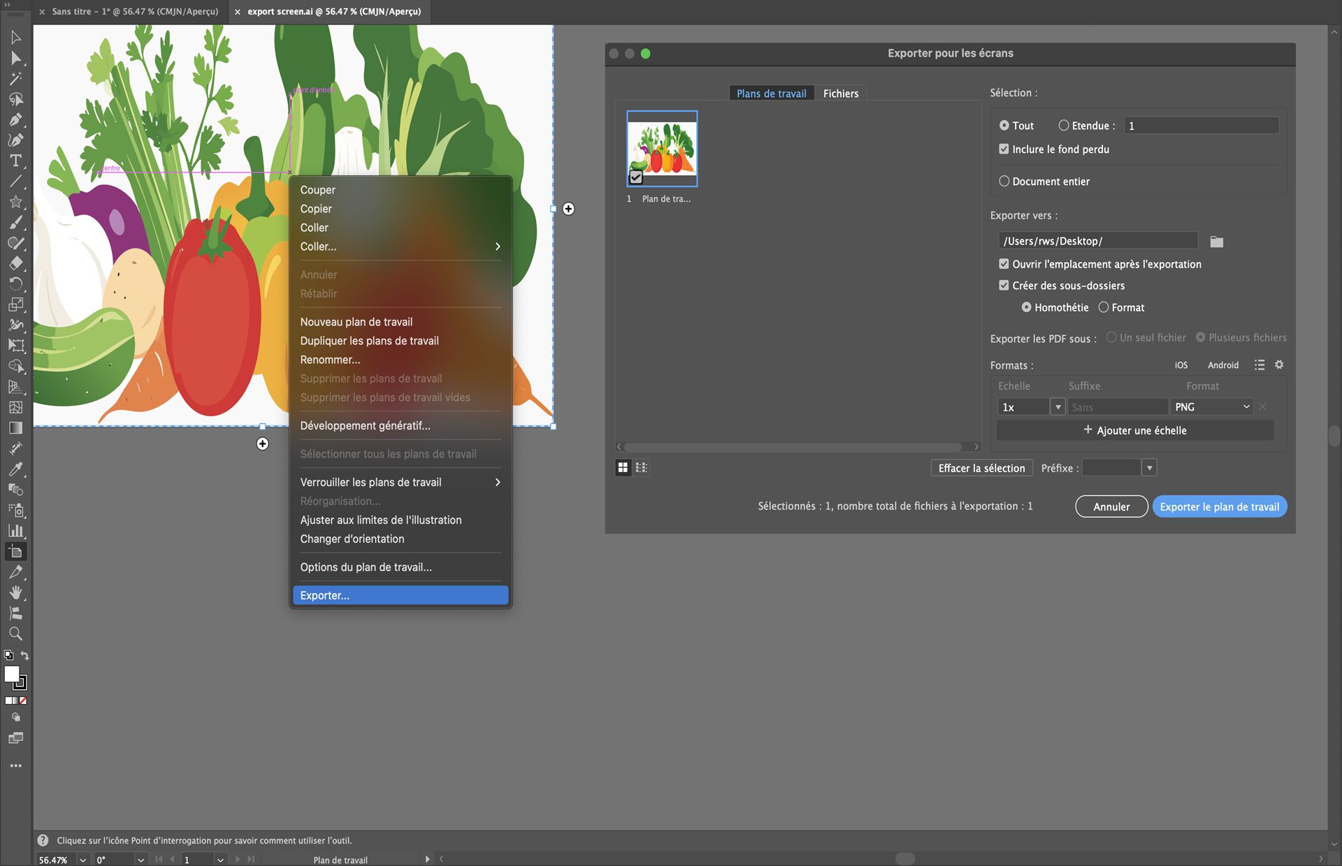 Illustrator affichant la boîte de dialogue Exporter pour les écrans avec le plan de travail sélectionné de légumes prêt à être exporté au format PNG.