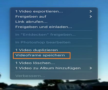 Exportieren eines Frames aus dem Video in Lightroom.
