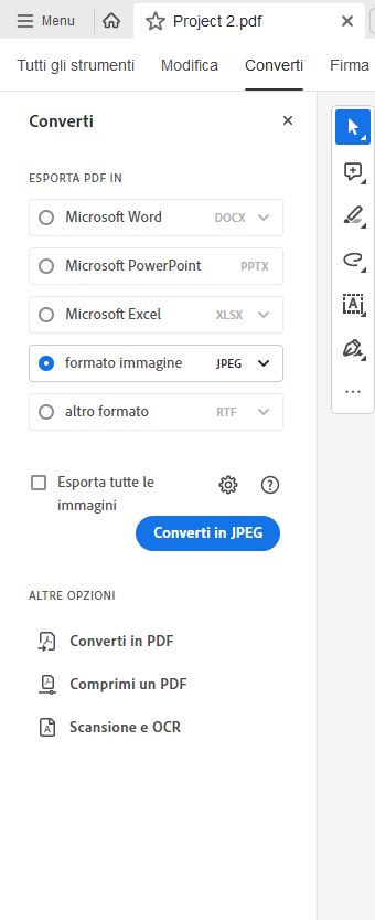 Selezionare un formato immagine per esportare come immagini.