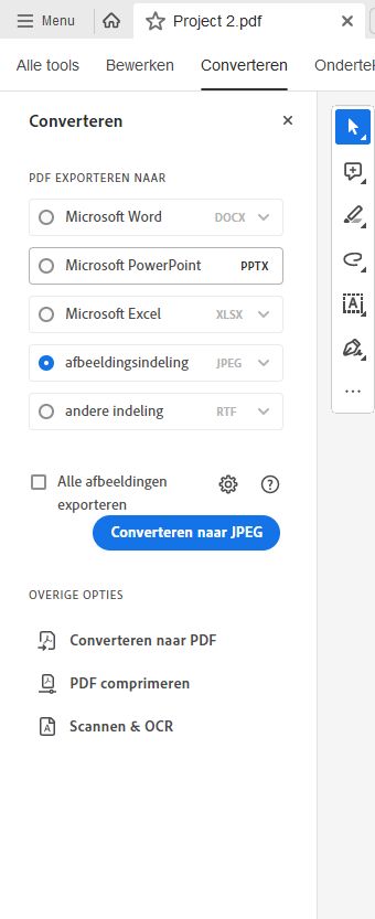 Selecteer de afbeeldingsindeling waarnaar afbeeldingen moeten worden geëxporteerd.