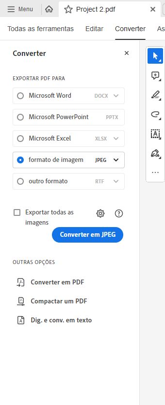 Selecione o formato de imagem para exportar como imagens.