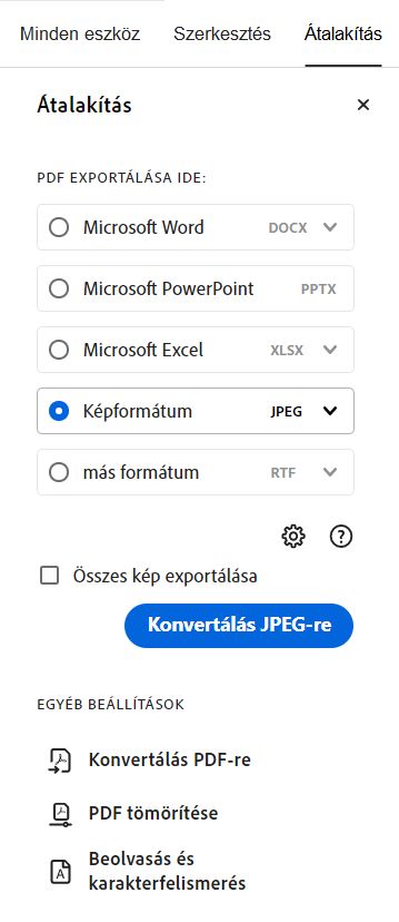 Válassza ki a képek exportálásához használni kívánt képformátumot.