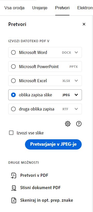 Izberite obliko zapisa slike, v kateri želite izvoziti sliko.