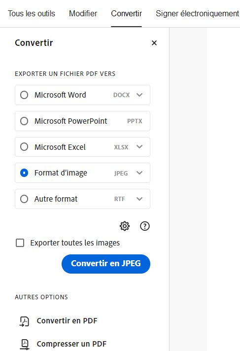 Sélectionnez le format dans lequel exporter les images.