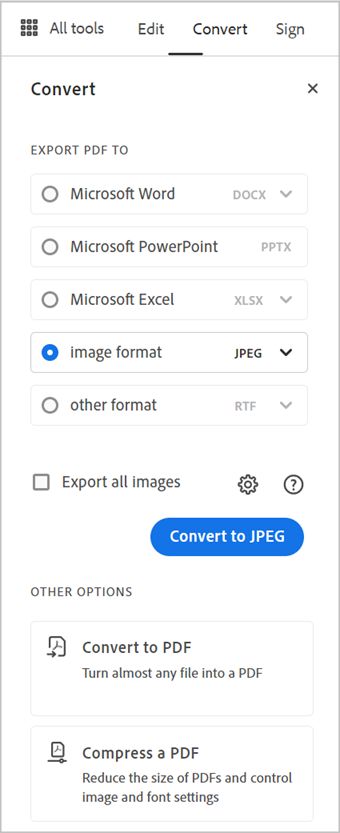 בחירת תבנית תמונה לייצוא כתמונות.
