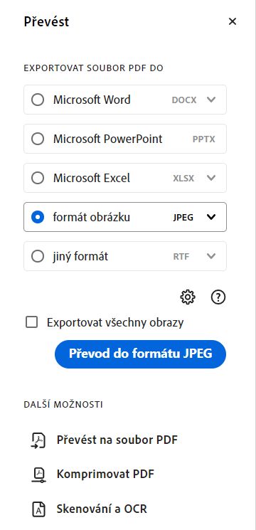 Vyberte formát obrázku, do kterého chcete provést export jako obrázky.