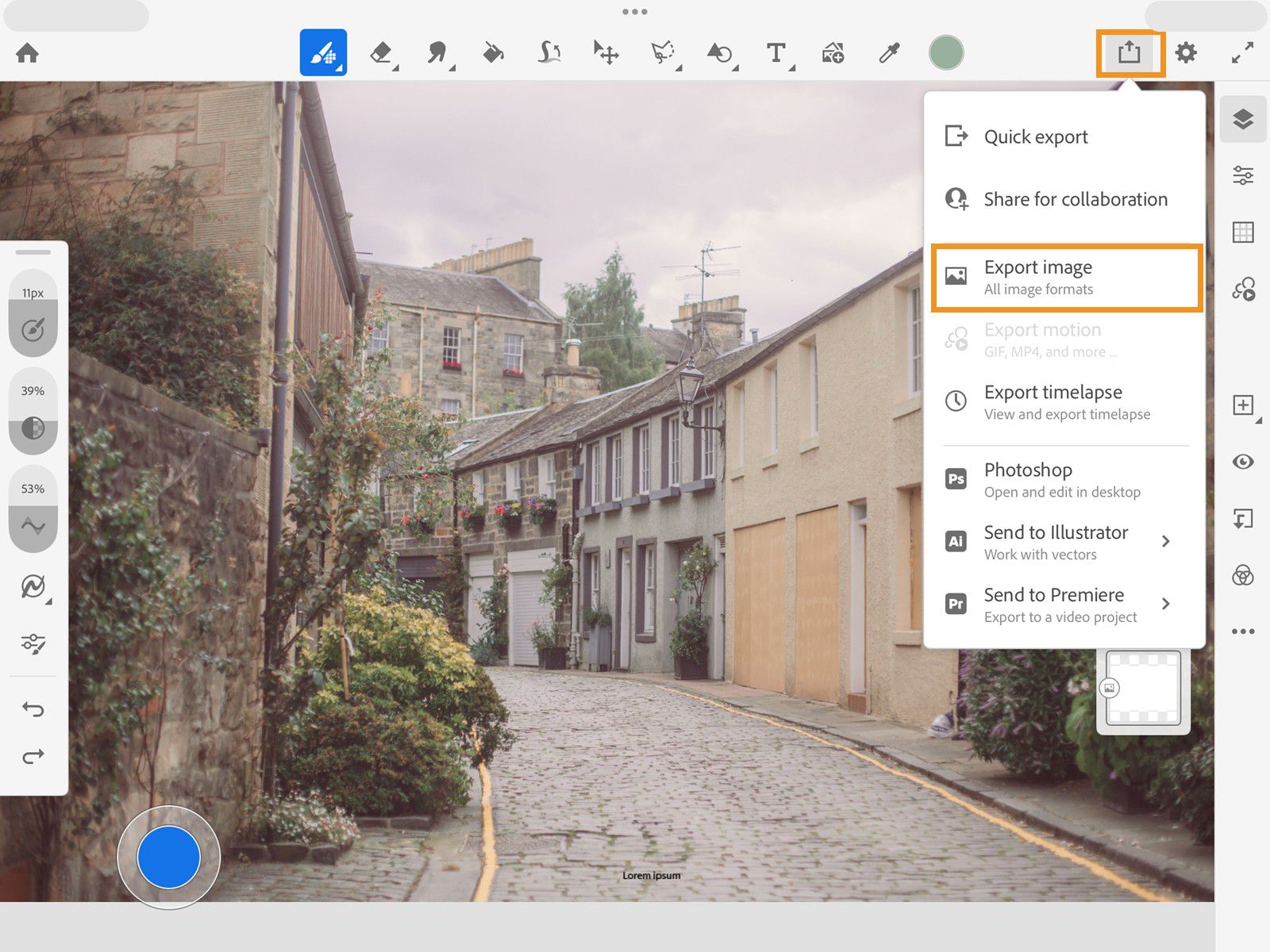  Share icon menu is open with Export image option highlighted next to an image displayed on the canvas.
