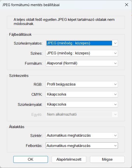 képbeállítások exportálása