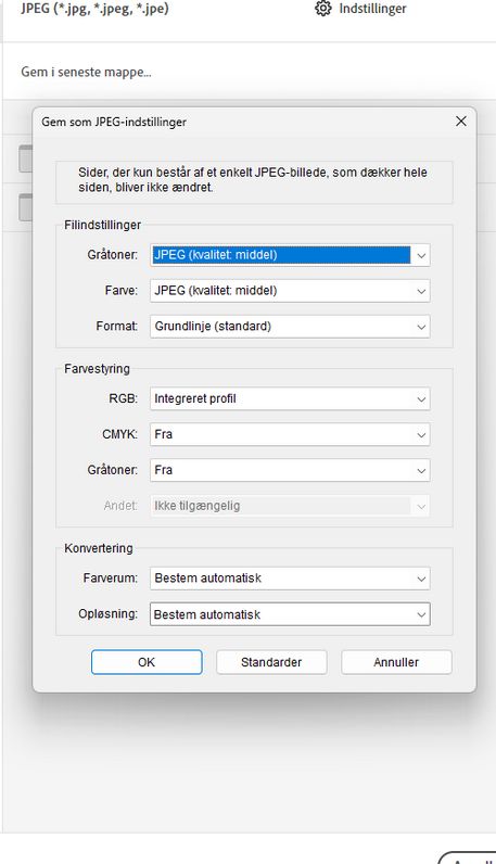 eksportér billedindstillinger