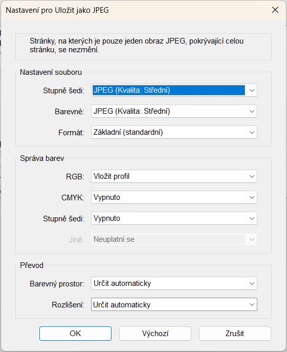nastavení exportu obrázků