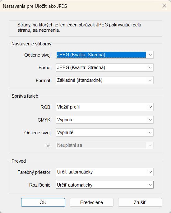 nastavenia exportu obrázkov