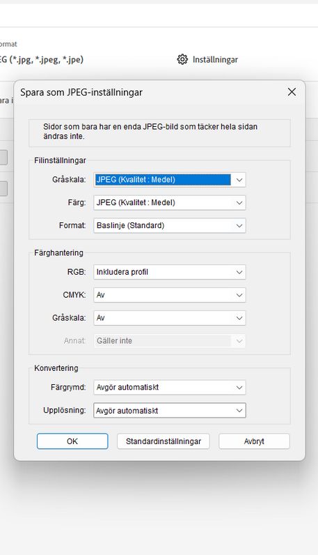 exportera bildinställningar
