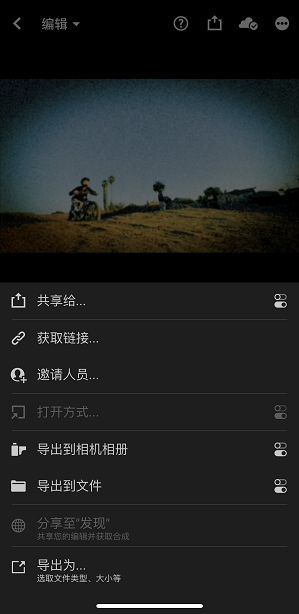 Lightroom iOS 版中的导出屏幕