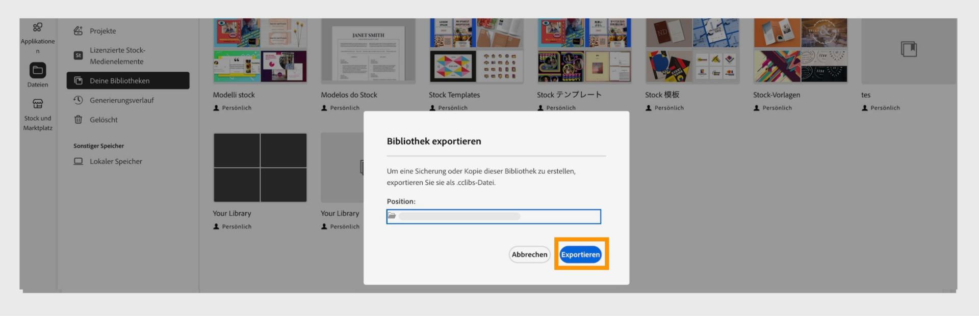 Das Dialogfeld „Bibliothek exportieren“ wird über das Fenster „Deine Bibliotheken“ aufgerufen. Es enthält eine Option zur Auswahl des Speicherorts für den Export sowie die Schaltfläche „Exportieren“. 